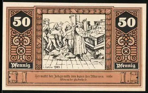 Notgeld Wilsnack, 1922, 50 Pfennig, Darstellung der Wunderblut-Kirche und historische Szene von 1383