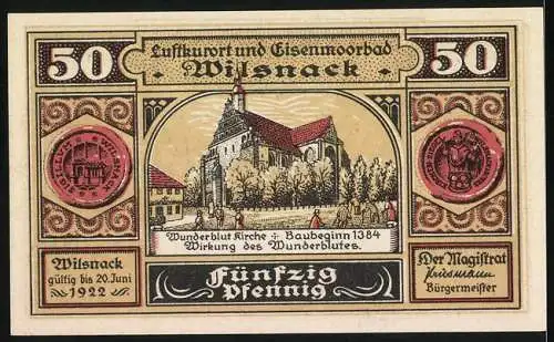 Notgeld Wilsnack, 1922, 50 Pfennig, Darstellung der Wunderblut-Kirche und historische Szene von 1383