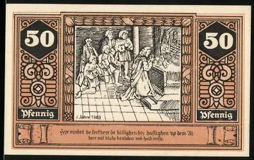 Notgeld Wilsnack 1922, 50 Pfennig, Darstellung der Wunderblutkirche und Inschrift über das Jahr 1383