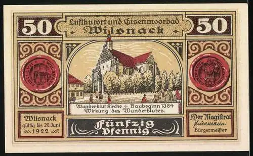 Notgeld Wilsnack 1922, 50 Pfennig, Darstellung der Wunderblutkirche und Inschrift über das Jahr 1383