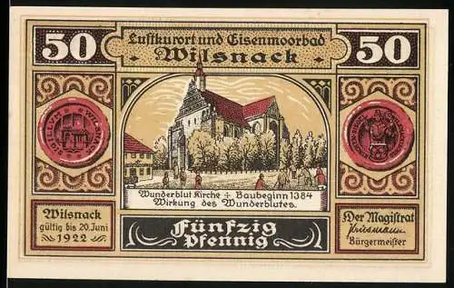 Notgeld Wilsnack 1922, 50 Pfennig, Vorderseite Wunderblutkirche Rückseite Prozession mit Fackeln