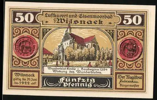 Notgeld Wilsnack 1922, 50 Pfennig, Luftkurort und Eisenmoorbad, Wunderblut Kirche Baujahr 1384