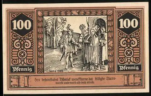 Notgeld Wilsnack, 1921, 100 Pfennig, Abbildung von historischem Gebäude und Szene aus dem Jahr 1383