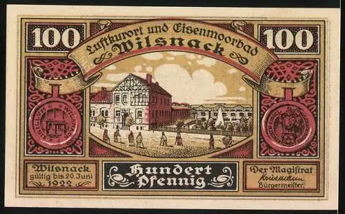 Notgeld Wilsnack, 1921, 100 Pfennig, Abbildung von historischem Gebäude und Szene aus dem Jahr 1383