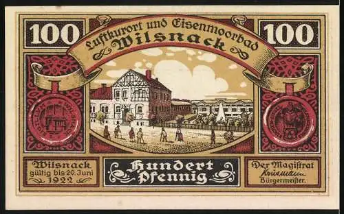 Notgeld Wilsnack 1922, 100 Pfennig, Übergabe des Gabenhauses und Stadtansicht