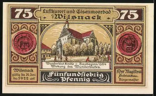 Notgeld Wilsnack 1922, 75 Pfennig, Abbildung der Wunderblutkirche und Prozession im Jahre 1383