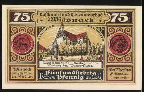 Notgeld Wilsnack 1922, 75 Pfennig, Darstellung der Wunderblutkirche und historische Szene von 1383