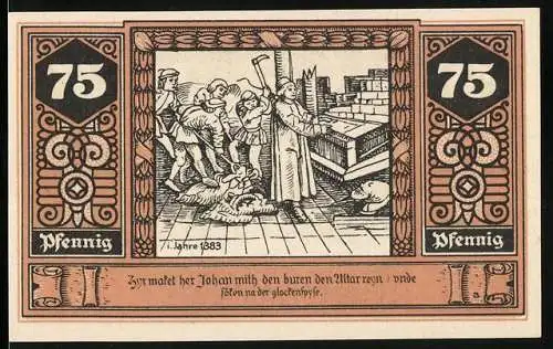 Notgeld Wilsnack, 1922, 75 Pfennig, Luftkurort und Eisenmoorbad, Wunderblutkirche, Baujahr 1384, Wirkung des Wunderblute