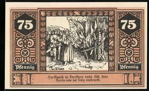 Notgeld Wilsnack, 1922, 75 Pfennig, Illustration der Wunderblutkirche und Dorfbrand im Jahr 1383