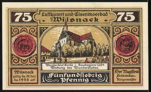 Notgeld Wilsnack, 1922, 75 Pfennig, Illustration der Wunderblutkirche und Dorfbrand im Jahr 1383