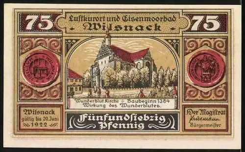 Notgeld Wilsnack, 1922, 75 Pfennig, Stadtansicht und historische Szene von 1383