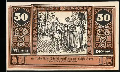 Notgeld Wilsnack 1922, 50 Pfennig, Illustration einer historischen Szene und Gebäude mit Menschen