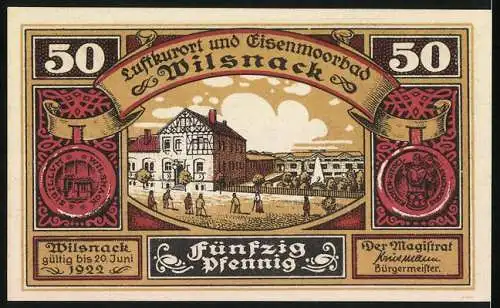 Notgeld Wilsnack 1922, 50 Pfennig, Illustration einer historischen Szene und Gebäude mit Menschen