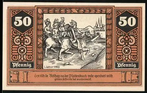 Notgeld Wilsnack 1922, 50 Pfennig, Luftkurort und Eisenmoorbad, mittelalterliche Stadtansicht und historisches Ereignis