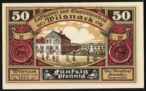 Notgeld Wilsnack 1922, 50 Pfennig, Luftkurort und Eisenmoorbad, mittelalterliche Stadtansicht und historisches Ereignis