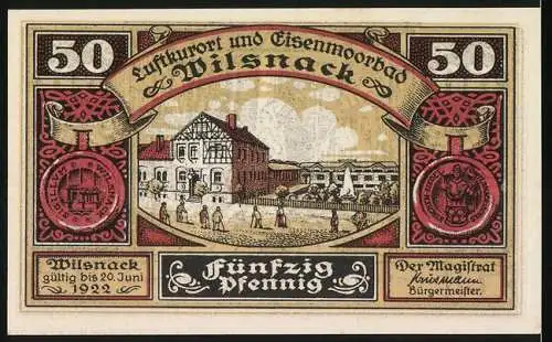 Notgeld Wilsnack, 1922, 50 Pfennig, Luftkurort und Eisenmoorbad, Bischof und Gebäudeabbildung