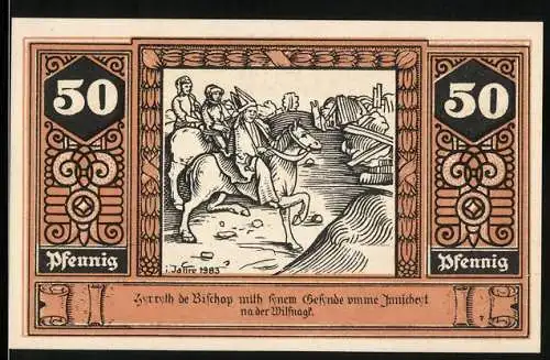 Notgeld Wilsnack, 1922, 50 Pfennig, Luftkurort und Eisenmoorbad, Illustration mit Bischof und Gebäuden