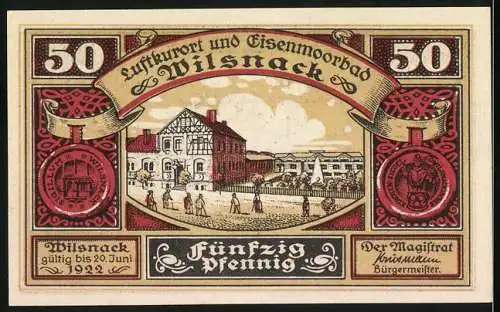 Notgeld Wilsnack, 1922, 50 Pfennig, Luftkurort und Eisenmoorbad, Illustration mit Bischof und Gebäuden