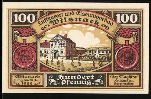 Notgeld Wilsnack, 1922, 100 Pfennig, Luftkurort und Eisenmoorbad, historische Gebäude und mittelalterliche Szene 1383