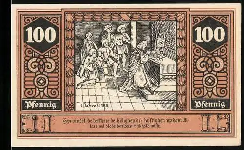Notgeld Wilsnack 1922, 100 Pfennig, Darstellung der Wunderblut Kirche und historischer Szene von 1383