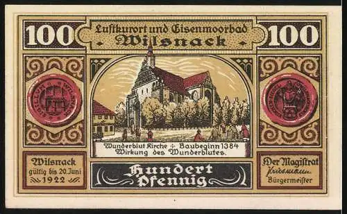 Notgeld Wilsnack 1922, 100 Pfennig, Darstellung der Wunderblut Kirche und historischer Szene von 1383