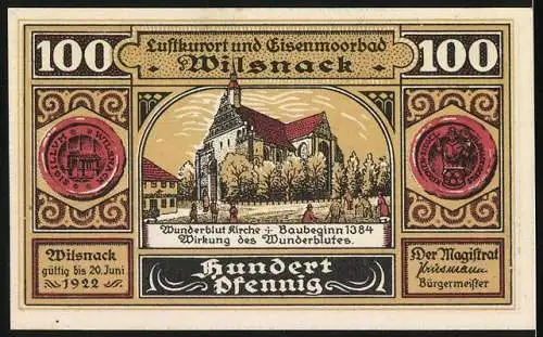 Notgeld Wilsnack 1922, 100 Pfennig, Luftkurort und Eisenmoorbad, Wunderblutkirche, Baujahr 1384