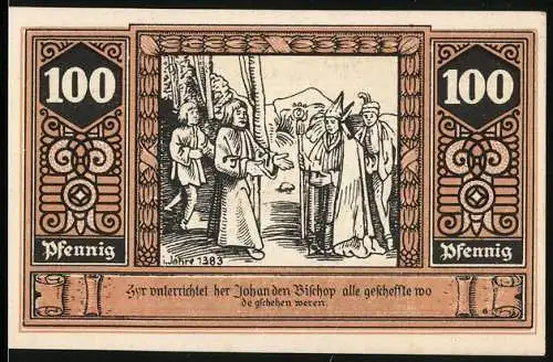 Notgeld Wilsnack 1922, 100 Pfennig, Darstellung der Wunderblutkirche und historische Szene von 1383
