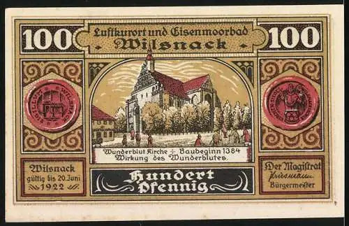 Notgeld Wilsnack 1922, 100 Pfennig, Darstellung der Wunderblutkirche und historische Szene von 1383