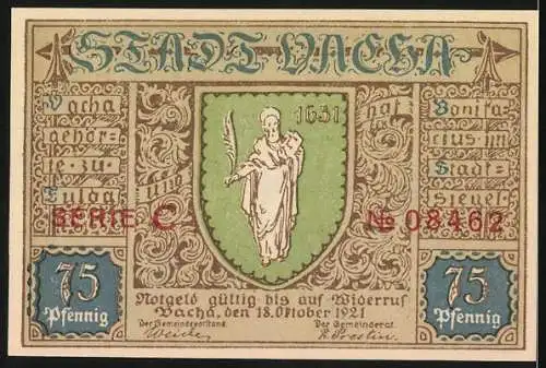 Notgeld Vacha, 1921, 75 Pfennig, Stadtansicht mit Werrabrücke und Stadtwappen