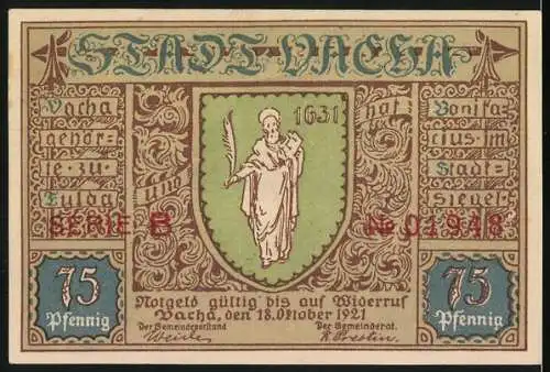 Notgeld Vacha 1921, 75 Pfennig, Abbildung der Burg und eines Heiligen mit Palmzweig