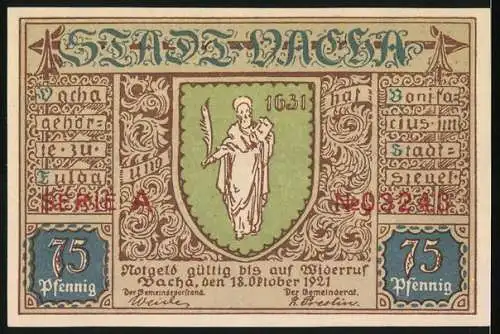 Notgeld Vacha 1921, 75 Pfennig, Stadtbild 1650 und Stadtwappen 1631