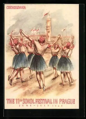 Künstler-AK Prag, Sokol 1948, XI. Vsesokolsky Slet v Praze, Mädchen bei der Eröffnungsfeier