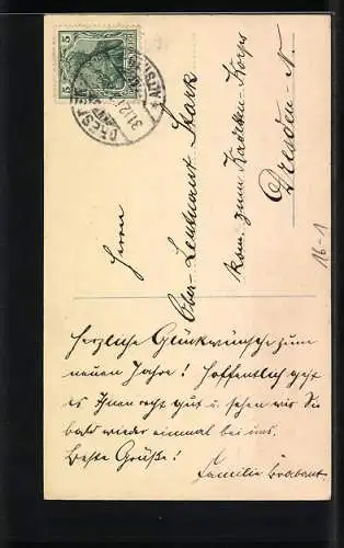 AK Kleines Kind mit grosser Sektflasche hinter zerrissenem Papier
