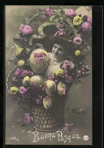 AK Junge Frau mit Ostereiern in einem Rosenkorb