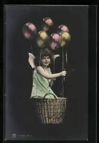 AK Kleiner Engel in einem Korb getragen von Ballons