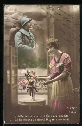 Foto-AK Junge Frau mit Blumenstrauss und geisterhafter Soldat auf dem Feld