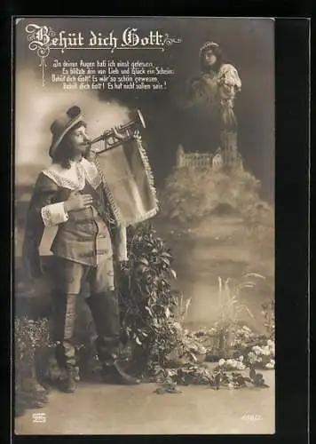 Foto-AK Ritter mit Fanfare, geisterhafte Prinzessin betet vom Himmel hinab