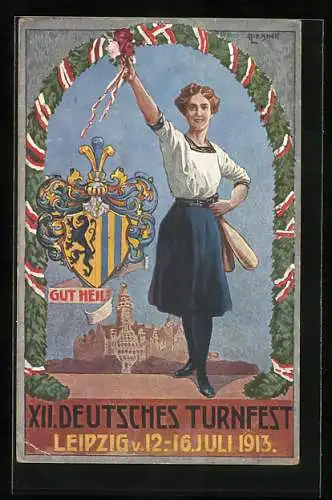 AK Leipzig, XII. Deutsches Turnfest 1913, Karte Nr. 6, Herzlich Willkommen, Frau hält Kegel, Wappen