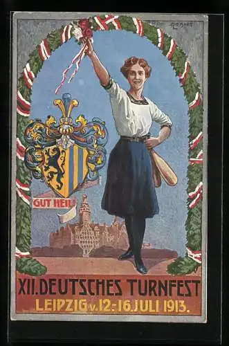 AK Leipzig, XII. Deutsches Turnfest 1913, Karte Nr. 6, Herzlich Willkommen, Frau hält Kegel, Wappen