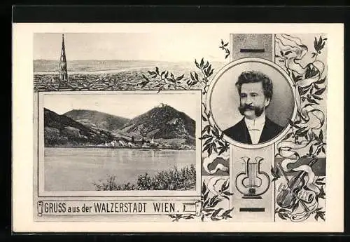 AK Wien, Johann Strauss Sohn, Portrait des Walzerkönigs, Blick über Wien, Partie am Donauufer