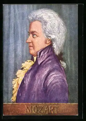 AK Mozart im lilanen Anzug im Profil