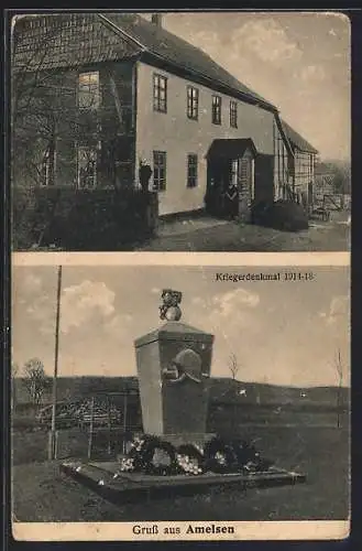AK Amelsen, Kriegerdenkmal 1914-18, Kolonialwaren-Handlung Wilhelm Lampe
