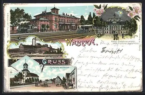 Lithographie Wabern / Hess., Zuckerfabrik, Kirchplatz mit Kirche, Bahnhof