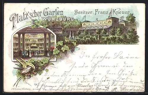 Lithographie Würzburg, Gasthaus Platz`scher Garten, Innenansicht