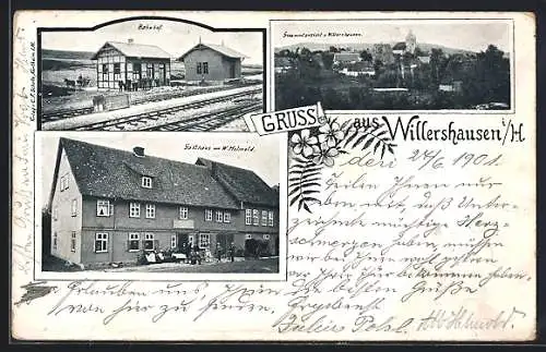 AK Willershausen / Harz, Gasthaus von W. Helmold, Bahnhof, Gesamtansicht