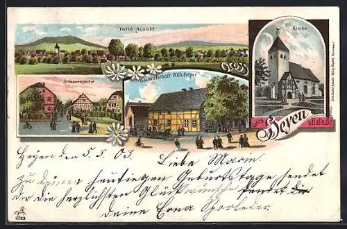 Lithographie Heyen / Br., Gasthaus Wilh. Pieper, Kirche, Strassenpartie