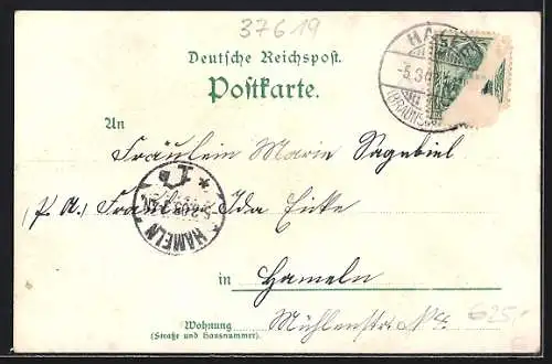 Lithographie Heyen / Br., Gasthaus Wilh. Pieper, Kirche, Strassenpartie