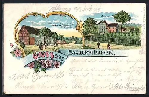 Lithographie Eschershausen / Lenne, Gasthaus zur Erholung vor dem Sollinger Walde, Forsthaus
