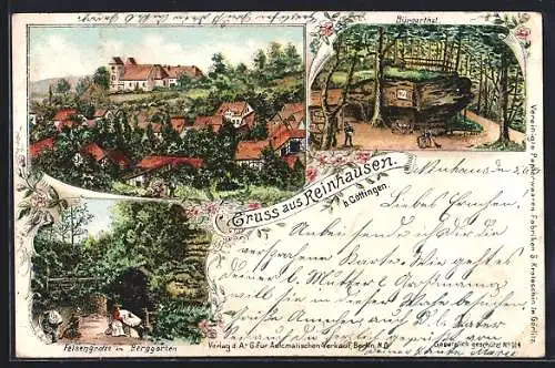Lithographie Reinhausen / Göttingen, Felsengrotte im Berggarten, Bürgerthal, Ortsansicht