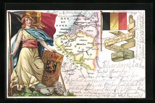 Lithographie Belgische Frau mit Wappen, Schmiedehammer und Flaggen